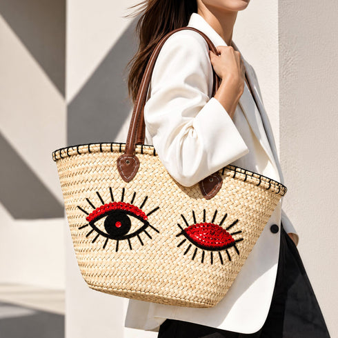 Winky Eyes Sequin Straw Basket Bag | Leather Handle Tote