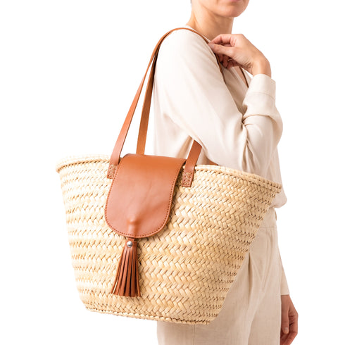Large Moroccan Straw Bag – Coastal Tote, Tan Leather Flap & Tassel