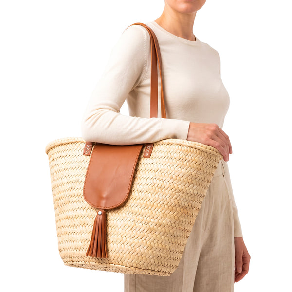 Large Moroccan Straw Bag – Coastal Tote, Tan Leather Flap & Tassel