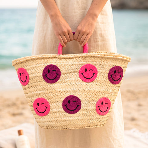 Smiley Face Straw Basket Bag | Handmade Moroccan Beach Tote Bag