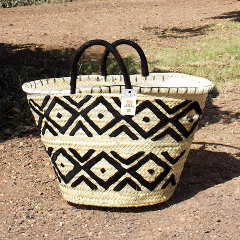 Woven Bag with Black Pattern - Handcrafted Moroccan Artisan Bag