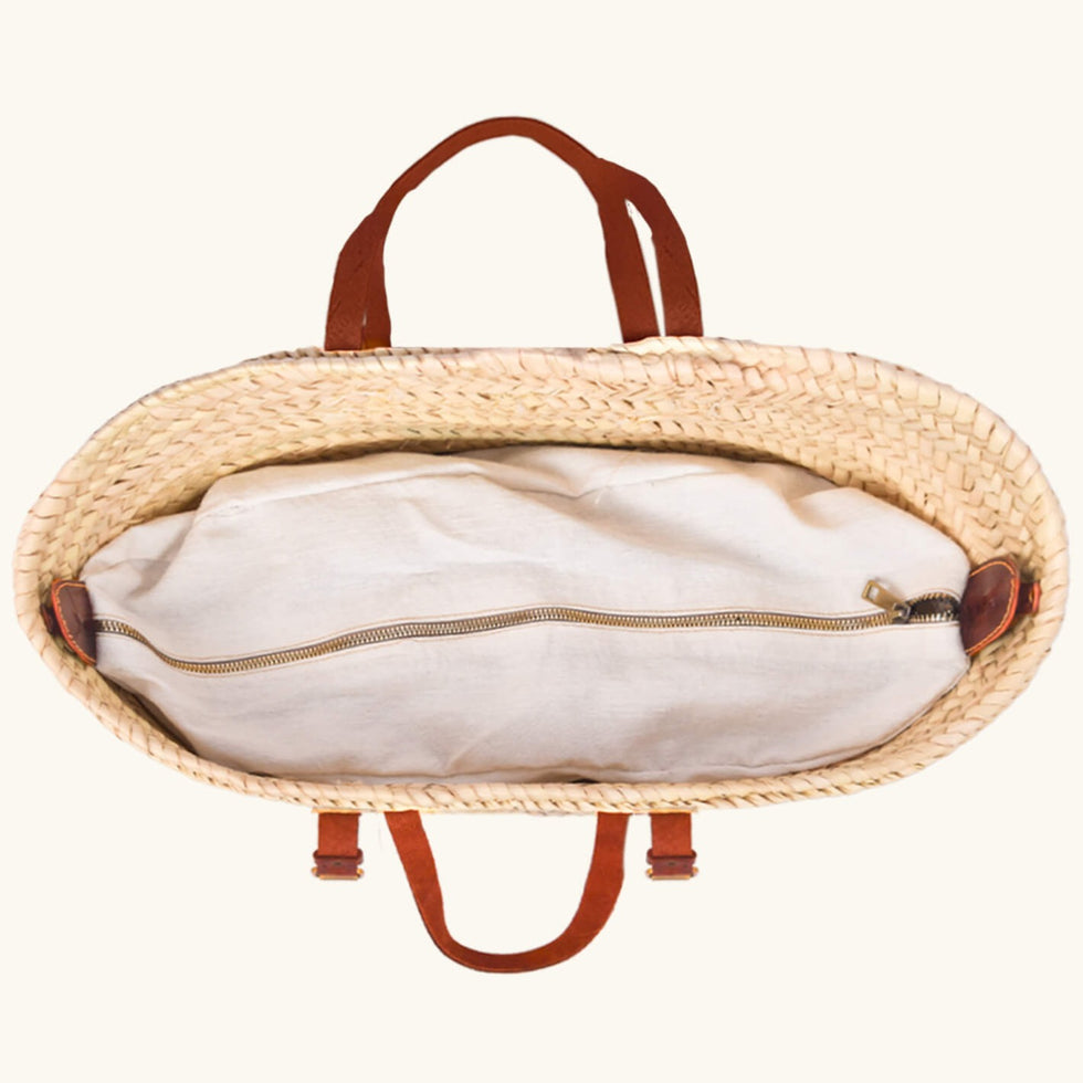 Straw Basket Backpack – Moroccan Market Bag, Leather Straps