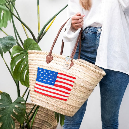Woven Straw basket tote 4th of July Beach Bag with Brown Leather Handles