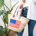 Woven Straw basket tote 4th of July Beach Bag with Brown Leather Handles
