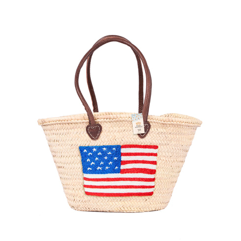 Woven Straw basket tote 4th of July Beach Bag with Brown Leather Handles