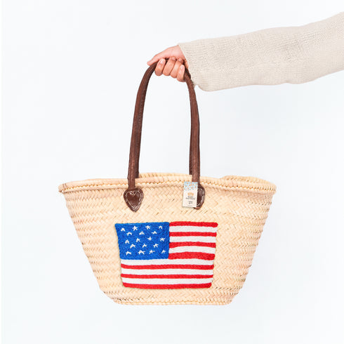 Woven Straw basket tote 4th of July Beach Bag with Brown Leather Handles