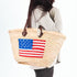 Woven Straw basket tote 4th of July Beach Bag with Brown Leather Handles