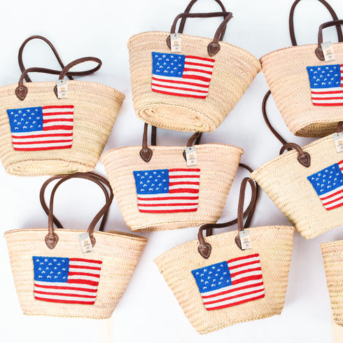 Woven Straw basket tote 4th of July Beach Bag with Brown Leather Handles
