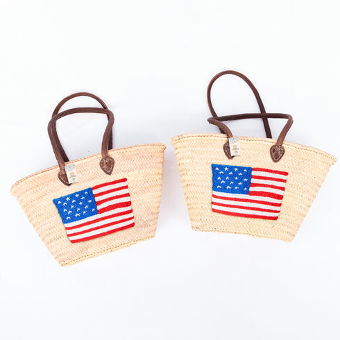 Woven Straw basket tote 4th of July Beach Bag with Brown Leather Handles