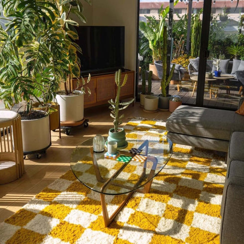 Yellow Checkered Moroccan Rug - Handmade Bohemian Style