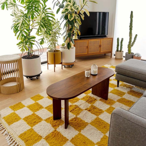 Yellow Checkered Moroccan Rug - Handmade Bohemian Style