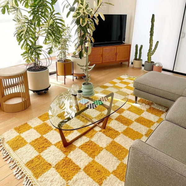Moroccan Berber Rug – Mustard & White Checkered Wool Area Rug
