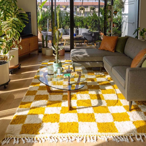 Yellow Checkered Moroccan Rug - Handmade Bohemian Style