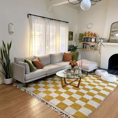 Yellow Checkered Moroccan Rug - Handmade Bohemian Style