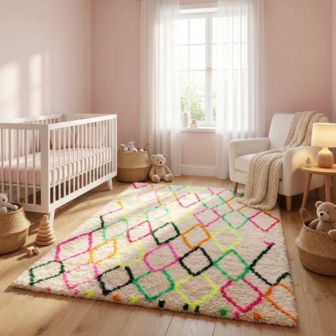 Authentic Handmade Azilal Rug – Plush Shaggy Wool Moroccan Rug with Vibrant Neon Geometric Patterns