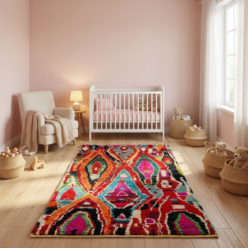 Handmade Colorful Beni Ourain Rug - High Pile Natural Wool