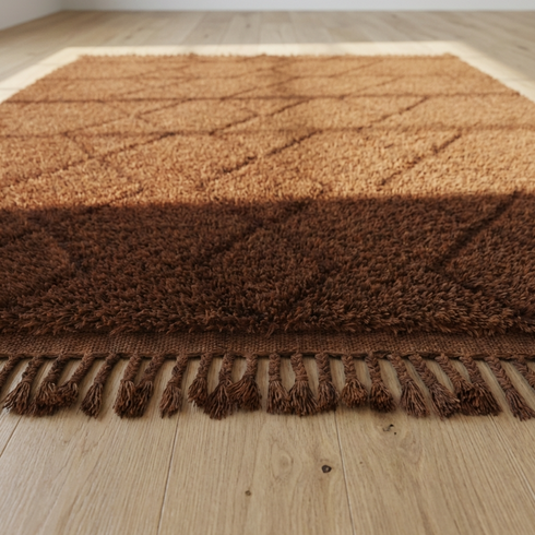 Brown Moroccan Berber Rug - High Pile Natural Wool - Modern Plush Living Room Decor