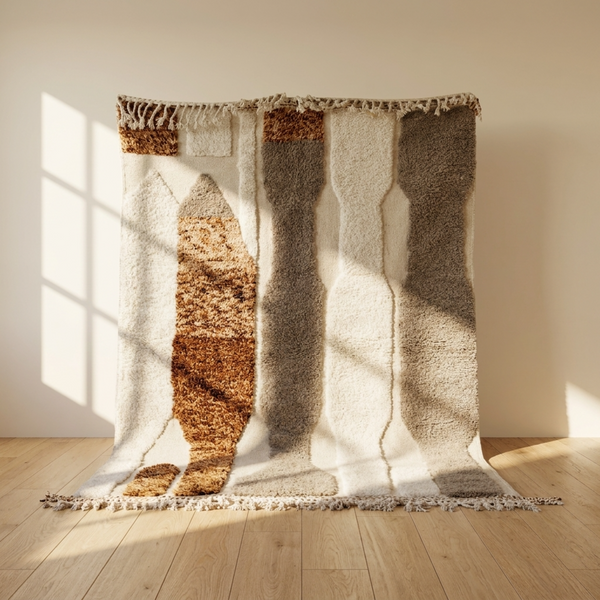 Authentic Moroccan Rug – High Pile Natural Wool Area Rug with Modern Abstract Pattern for Boho Living Room Decor