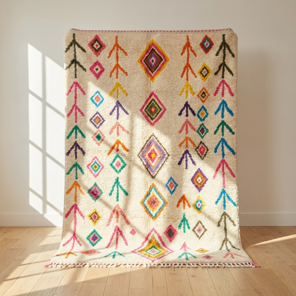 Handmade Azilal Rug – Multicolor Shaggy Diamond Wool Area Rug
