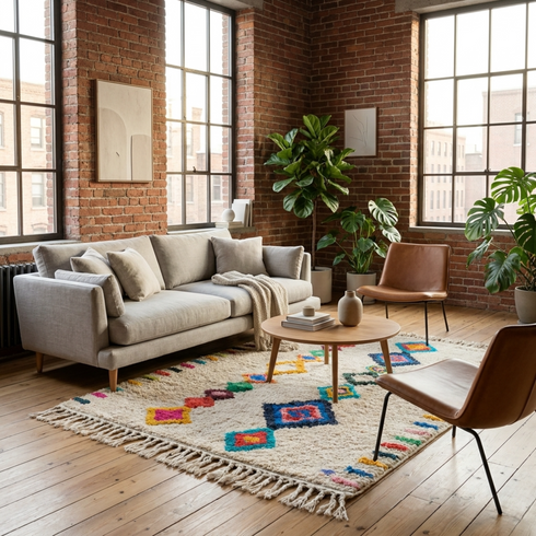 Authentic Handmade Azilal Rug – Shaggy Wool Moroccan Rug with Vibrant Geometric Boho Design