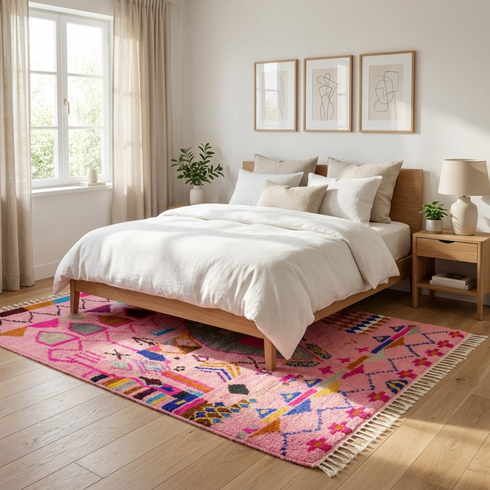 Moroccan Berber Rug – Pink Shaggy Geometric Wool Area Rug