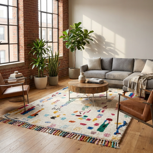 Handmade Azilal Rug - High Pile Natural Wool - Colorful Abstract Boho Decor