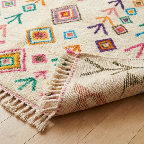 Handmade Azilal Rug – Multicolor Shaggy Diamond Wool Area Rug