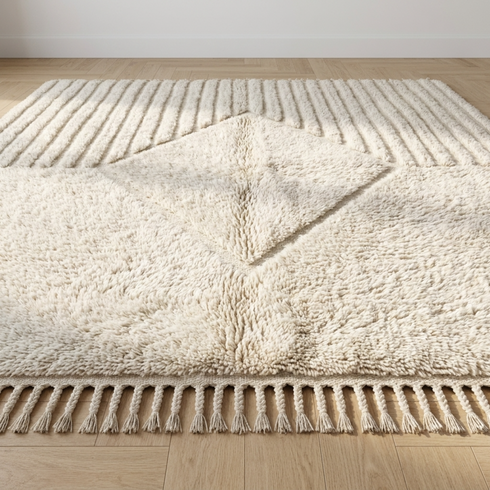 Authentic Beni Ourain Rug – High Pile Plush Wool Moroccan Area Rug for Modern Scandinavian Living Room Decor