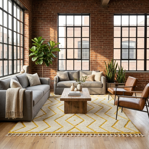 Modern Moroccan Berber Rug – Soft High Pile Wool Rug with Geometric Yellow Pattern