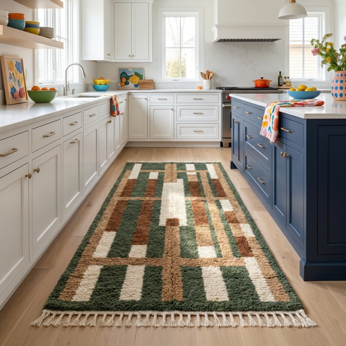 Beni Ourain Rug – Green Geometric Wool Area Rug