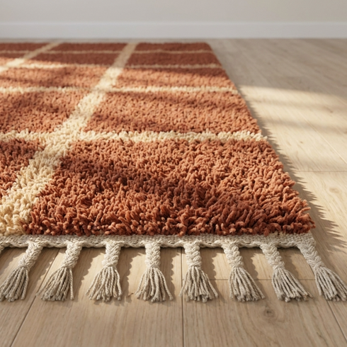 Beni Ourain Rug – Terracotta Plush Geometric Wool Rug