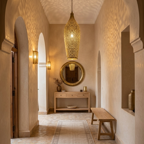 Authentic Handmade Moroccan Lamp – Perforated Brass Teardrop Pendant Light with Artistic Shadow Casting for Living Room Decor