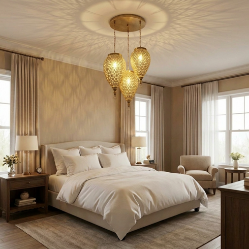 Authentic Custom Brass Chandelier – Gold Hand-Hammered Triple Teardrop Pendant Light for Boho Bedroom Mood Lighting