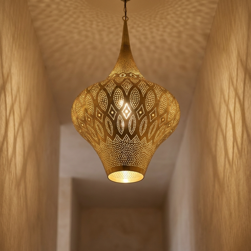 Authentic Handmade Moroccan Lamp – Oxidized Brass Teardrop Pendant Light for Cozy Boho Bedroom Decor