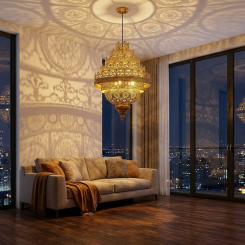 Authentic Handmade Moroccan Lamp – 100% Solid Brass Chandelier for Elegant Living Room Decor