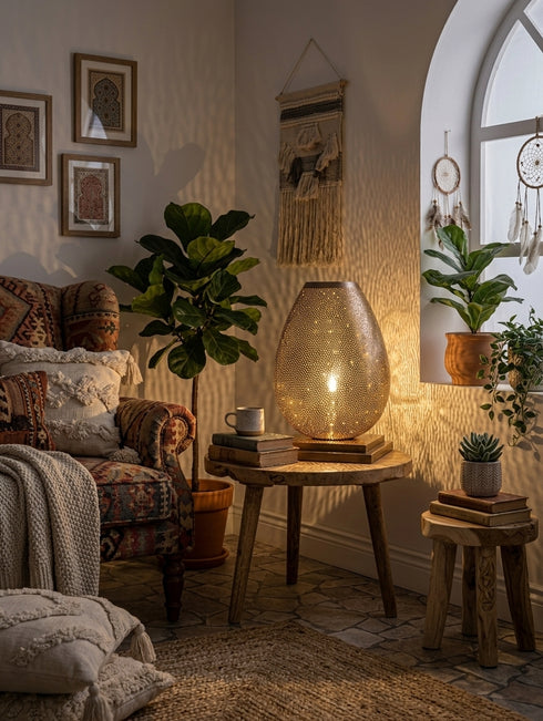Moroccan Table Lamp – Filigree Openwork Brass Lamp Living Room