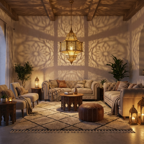 Handmade Moroccan Lamp - Gold Brass Pendant - Living Room Statement Lamp
