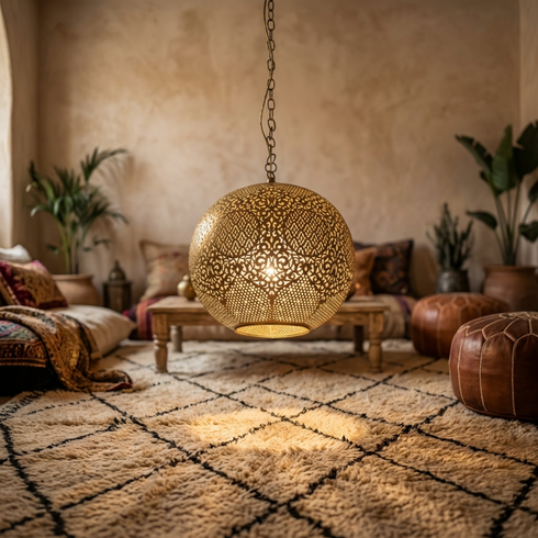 Handmade Moroccan Hanging Lamp - Globe Living Room Brass Light