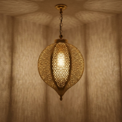 Authentic Handmade Moroccan Hanging Lamp – Gold Brass Teardrop Pendant Light for Boho Kitchen Island Decor