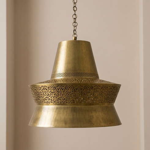 Filigree Moroccan Pendant Light – Brass Openwork Lamp Shadow-Casting