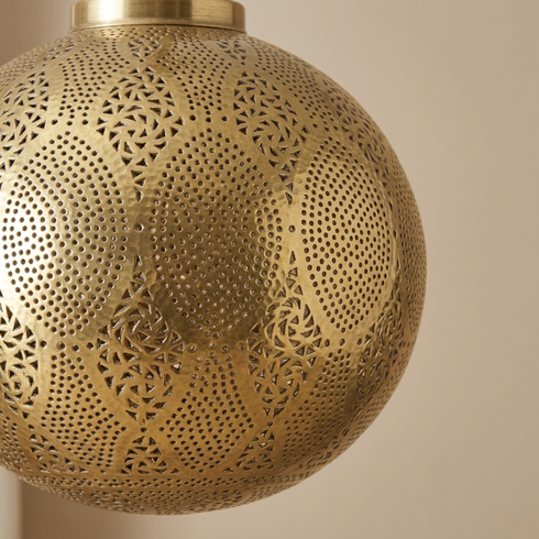 Authentic Moroccan Hanging Lamp – Hand-Hammered Brass Globe Pendant Light for Boho Bedroom Mood Lighting