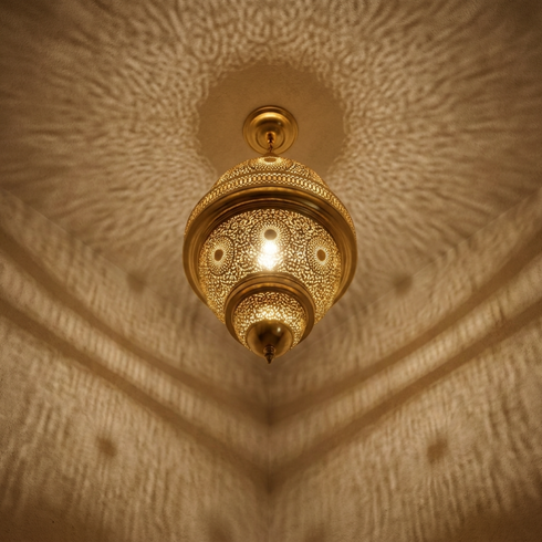Authentic Moroccan Lighting – Gold Brass Pendant Lamp with Hand-Hammered Filigree Design for Living Room Decor
