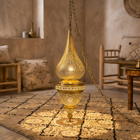 Handmade Moroccan Lamp - Gold Brass Pendant - Living Room Lamp