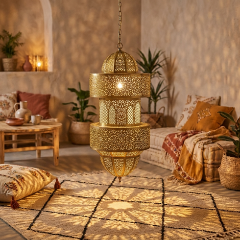 Authentic Handmade Moroccan Lamp – Gold Brass Multi-Tiered Pendant Light with Intricate Filigree Design for Living Room Decor
