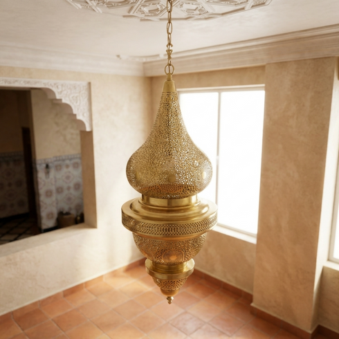 Authentic Moroccan Lighting – Gold Brass Pendant Lamp with Hand-Hammered Filigree Design for Living Room Decor