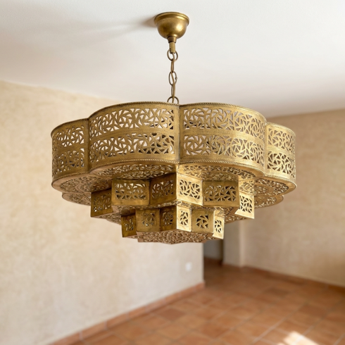 Authentic Handmade Moroccan Lamp – Custom Brass Chandelier with Intricate Filigree Design for Living Room Decor