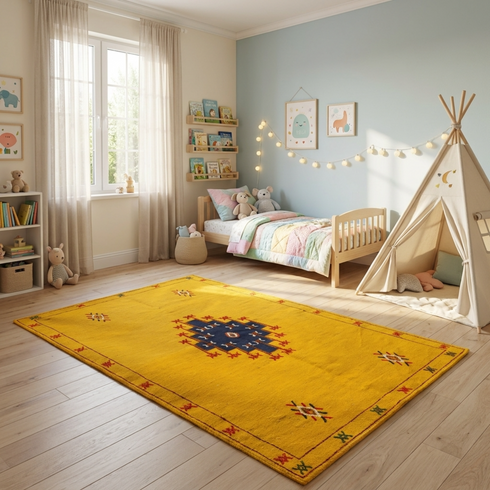 Vibrant Moroccan Kilim Rug - Flatweave Natural Wool Boho Decor - Mustard Yellow Tribal Motif