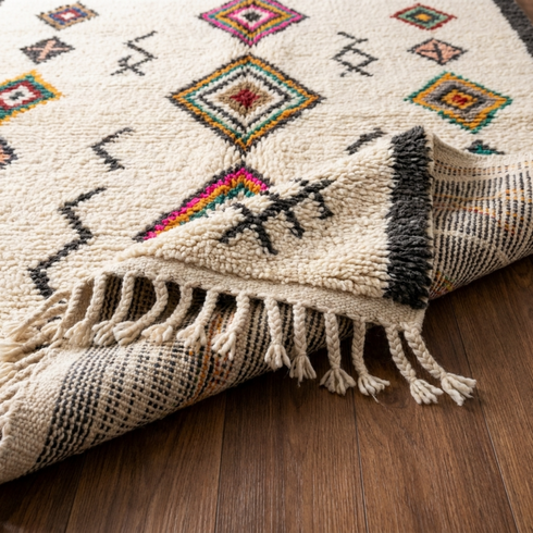 Authentic Handmade Azilal Rug – 100% Wool Moroccan Area Rug with Colorful Abstract Geometric Pattern