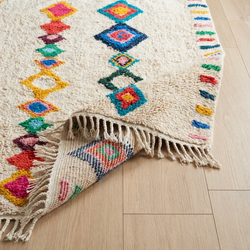 Authentic Handmade Azilal Rug – Shaggy Wool Moroccan Rug with Vibrant Geometric Boho Design