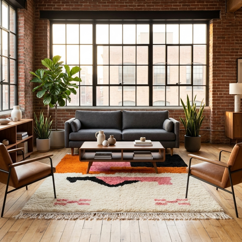 Authentic Moroccan Rug – High Pile Plush Wool Area Rug with Modern Abstract Pattern for Boho Living Room Decor